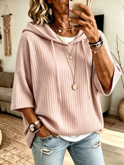 Cassandra Bellmore | Ribbed Hooded Drawstring Sweatshirt For Women