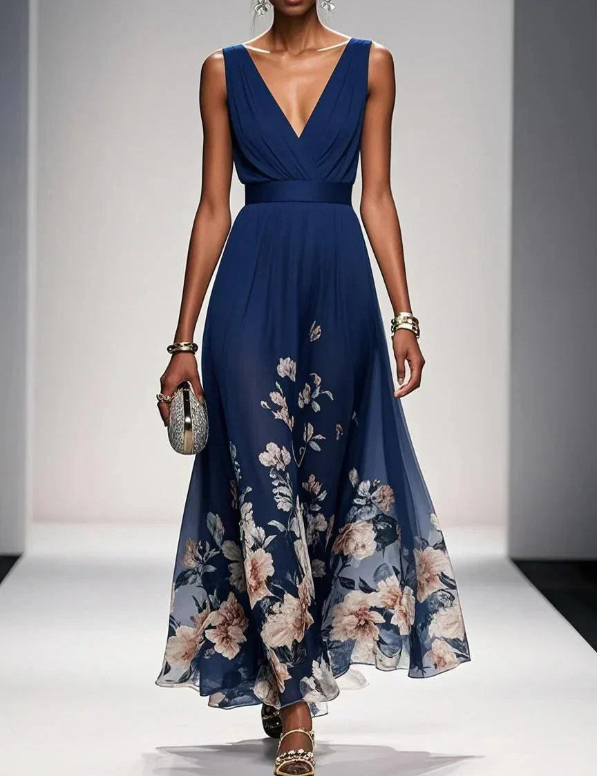 Celestine Dawnmore | Light Blue Floral Maxi V-Neck Dress