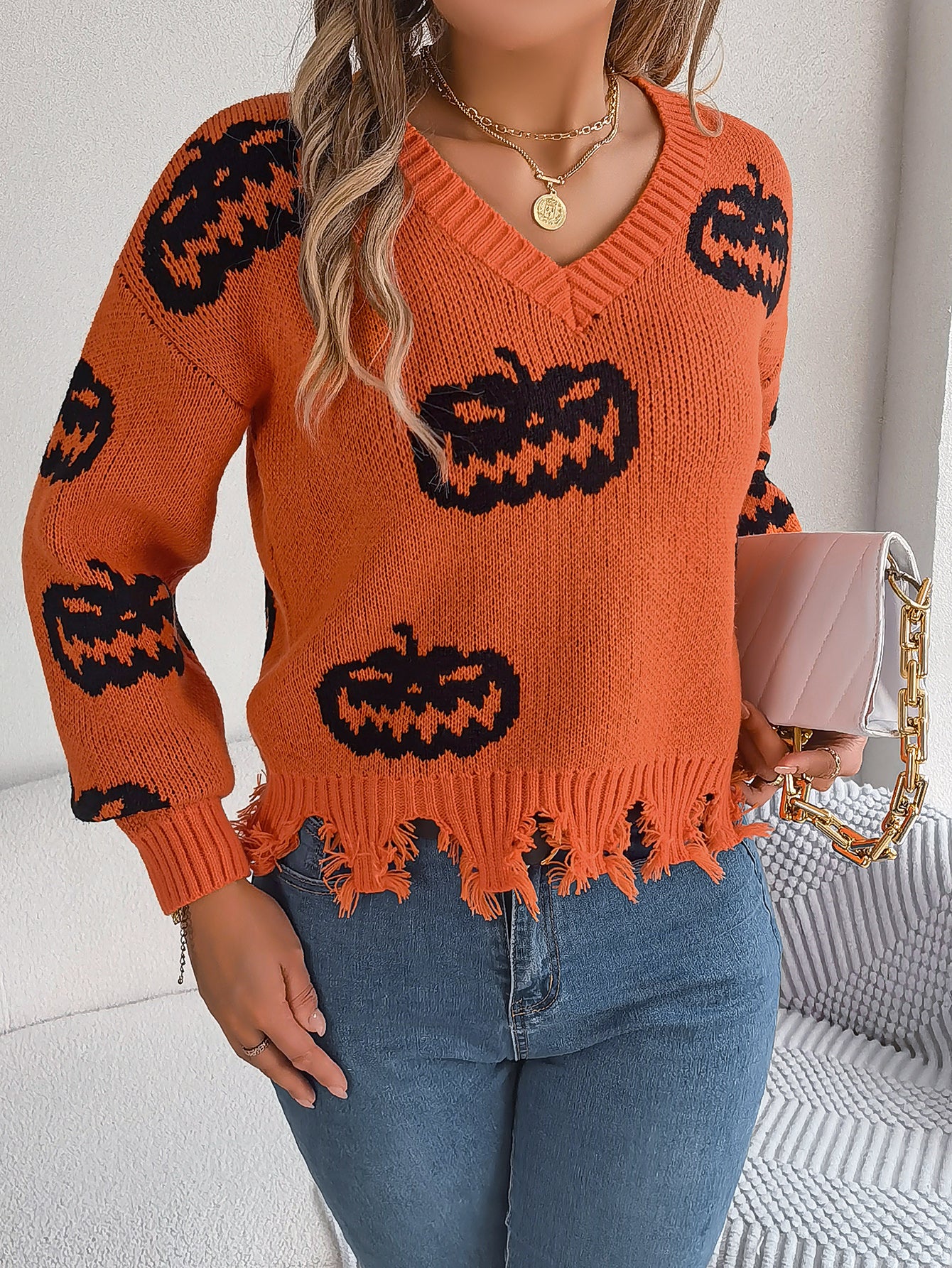 Marina Castellucci | Pumpkin Print Distressed Sweater For Women