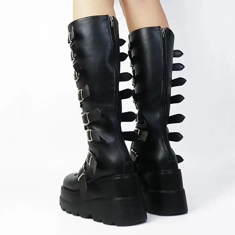 Vesper Montaigne | Metal Buckle Platform Knee-High Boots For Women