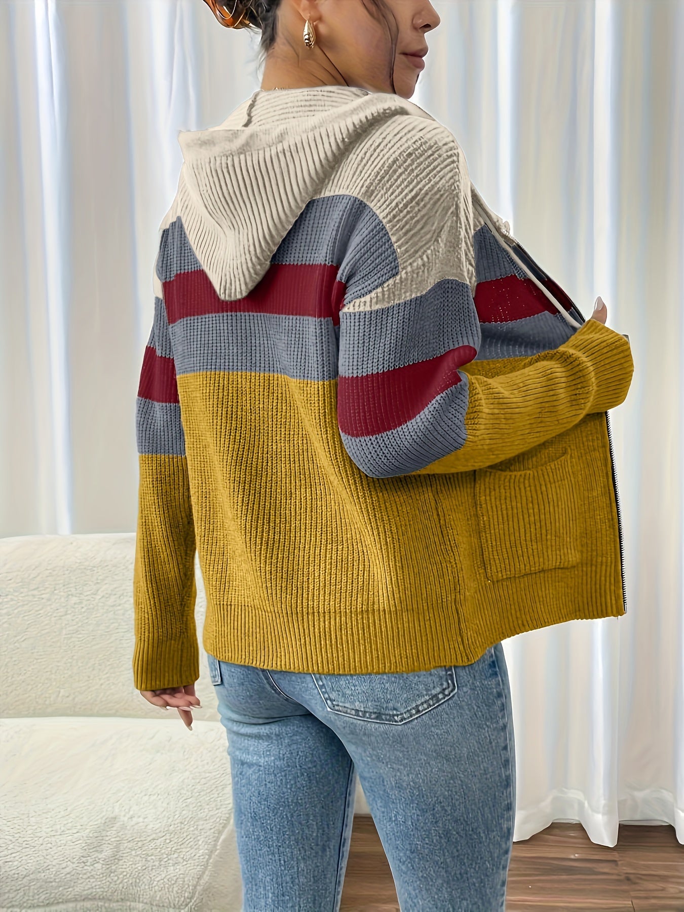 Harriet Devon | Colour-Block Zip Hoodie With Ribbed Knit For Women