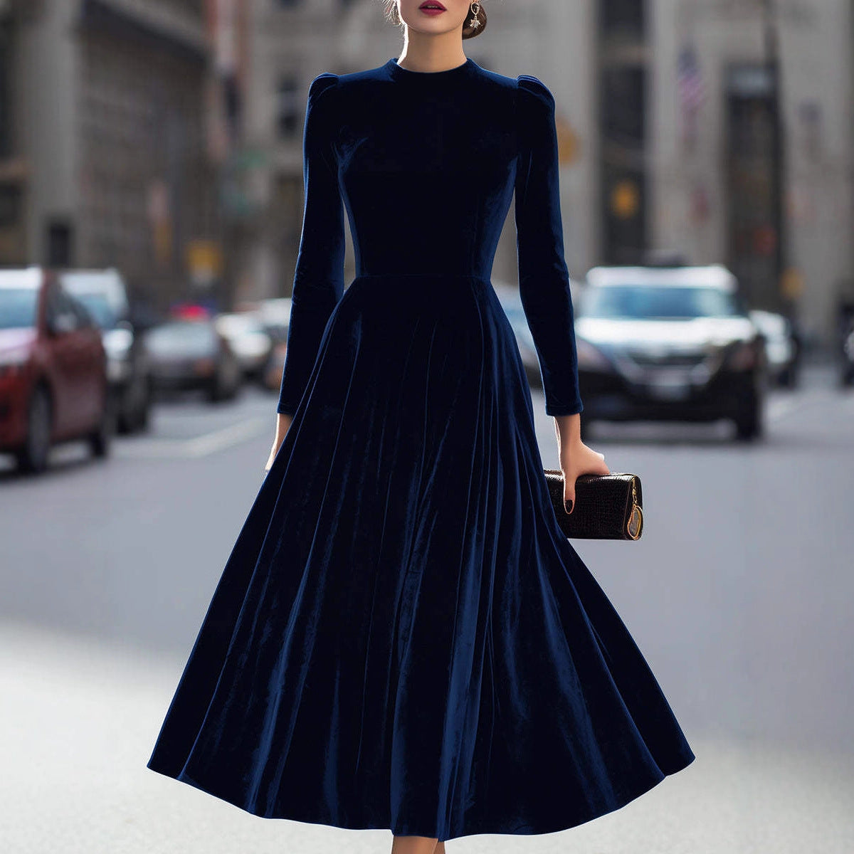Tinsley Elmridge | Navy Velvet Long Sleeve Midi Dress For Women