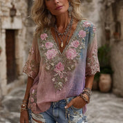 Adriana Bellini | Floral Embroidered V-Neck Blouse For Women
