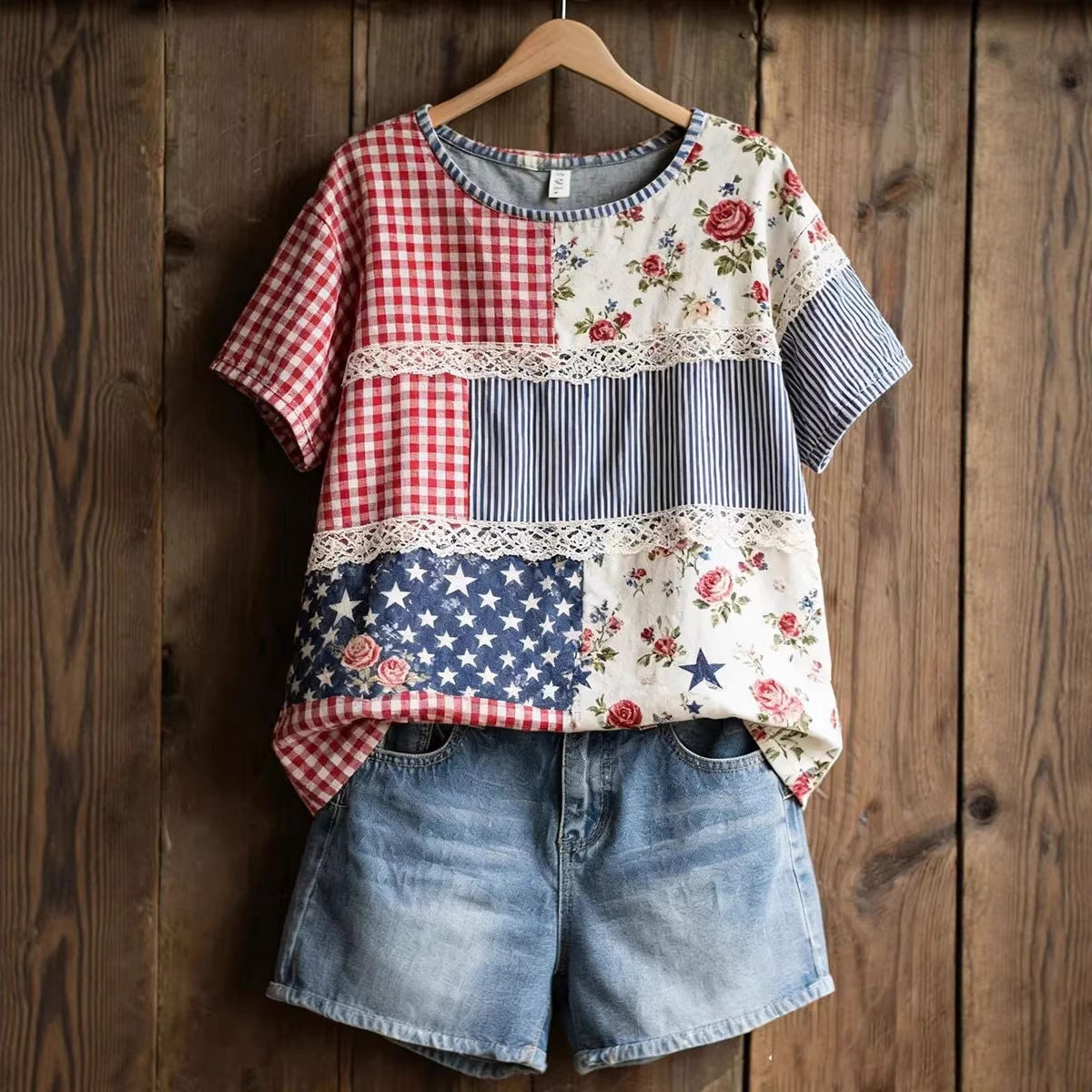 Brielle Davenport | Patchwork Patriotic Short Sleeve Top For Women