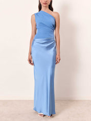 Vivienne Caldecourt | Brown One-Shoulder Pleated Satin Maxi Dress