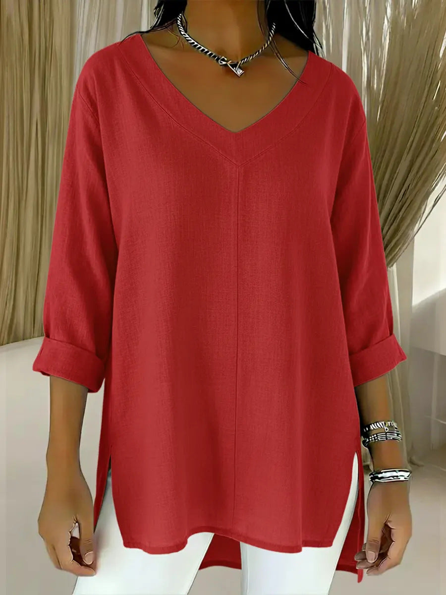 Flannery Dalshaw | Red Loose V-Neck Knit Sweater For Women