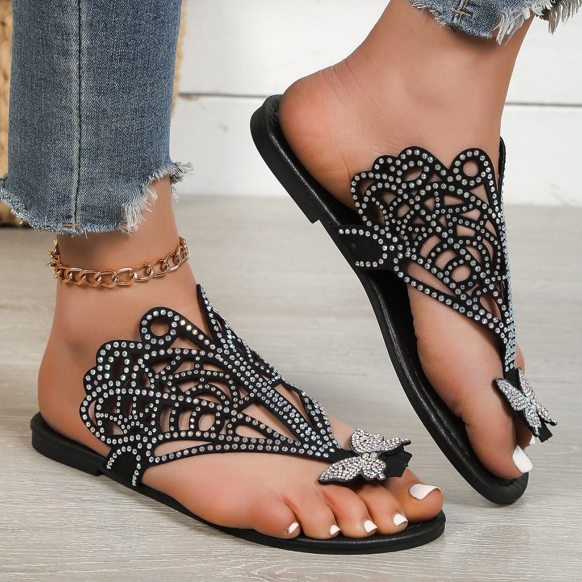 Giulia Castellano | Rhinestone Butterfly Flat Sandals For Women