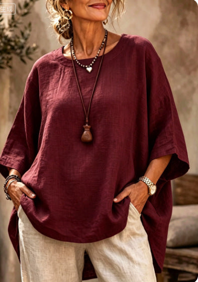 Cecile Fontainebleau | Relaxed Linen-Blend Crew Neck Top For Women