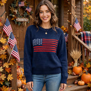 Pauline Courtland | Navy Crew Neck Flag Veterans Day Sweater For Women