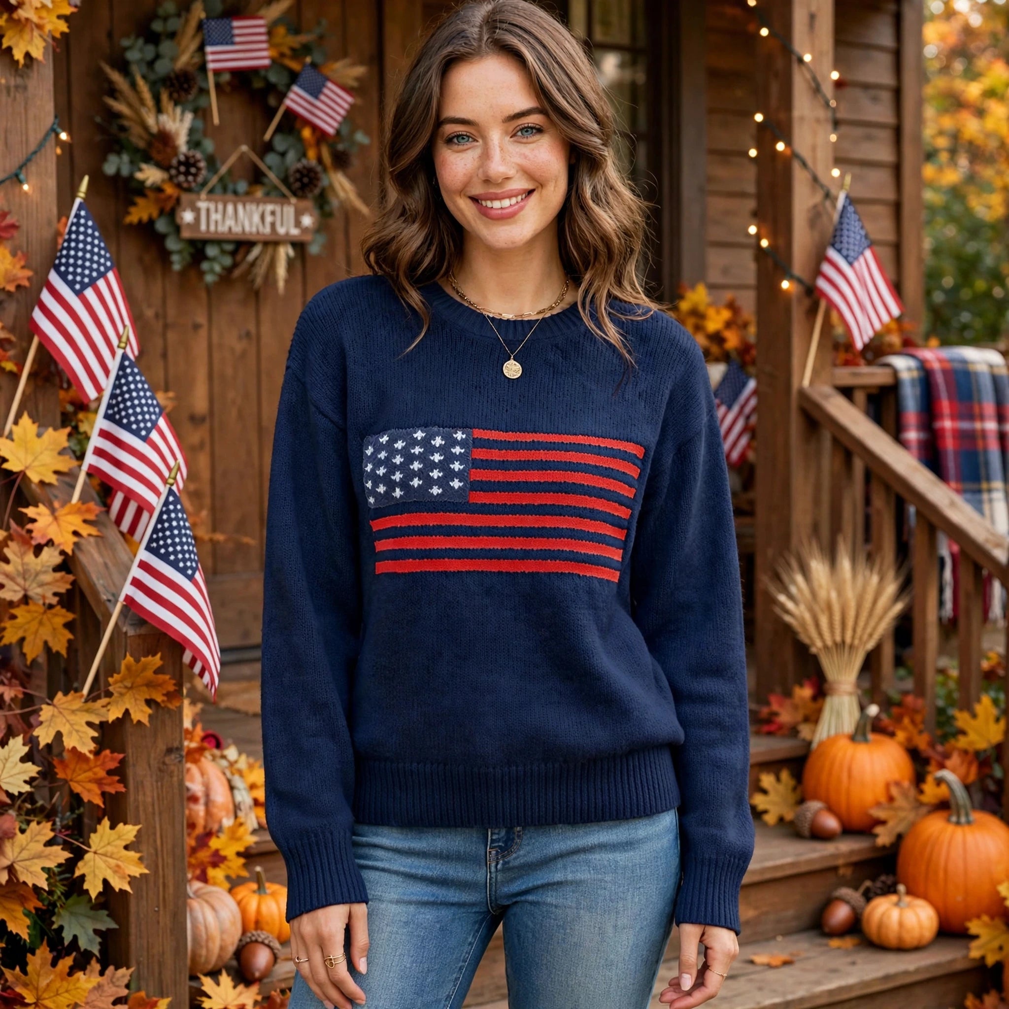 Pauline Courtland | Navy Crew Neck Flag Veterans Day Sweater For Women