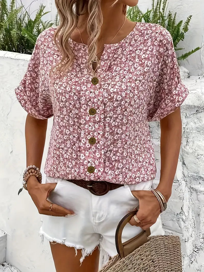 Elspeth Faircombe | Pink Floral Print Button-Up Blouse