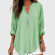 Auriane Bellsworth | Flowy Light Blue Linen V-Neck Shirt