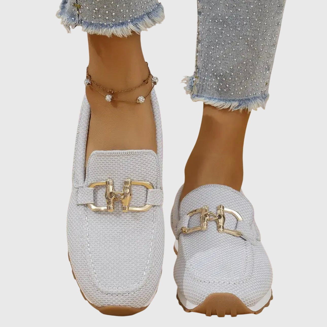 Seraphelle Dunbridge | Beige Mesh Slip-On Loafer Sneaker with Gold Horsebit