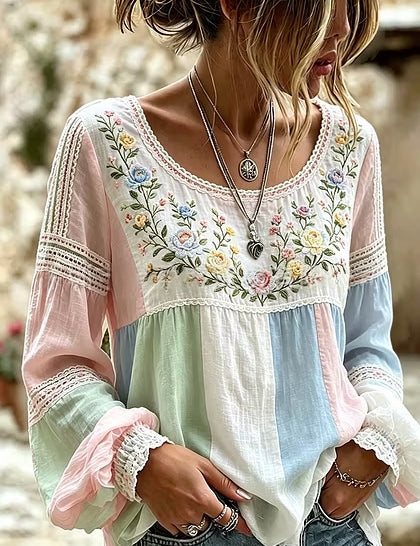 Colette Rimbaud | Retro Bohemian Floral Linen Blouse For Women