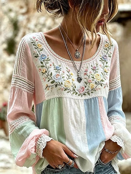 Colette Rimbaud | Retro Bohemian Floral Linen Blouse For Women