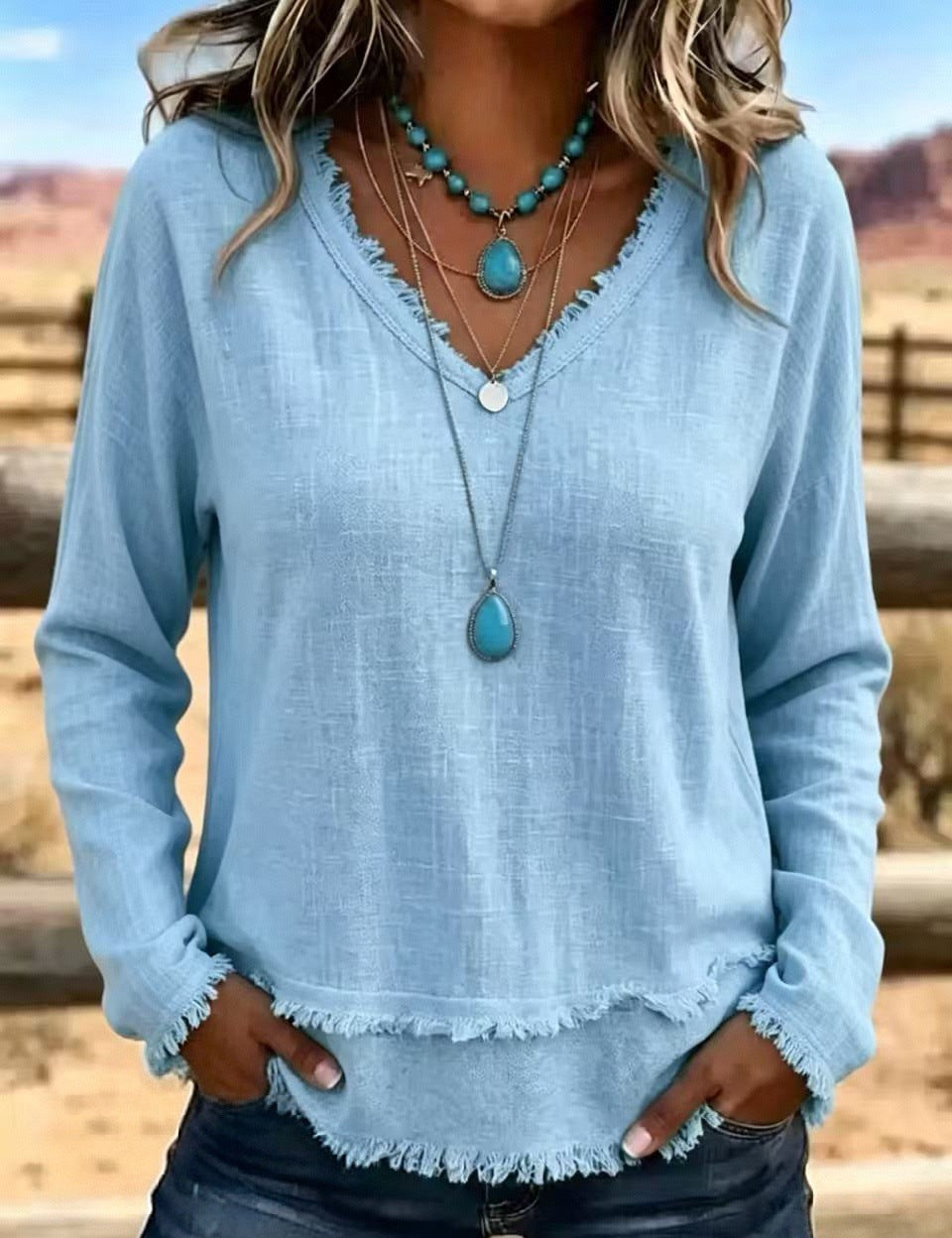 Isabelle Rousseau | Frayed V-Neck Long Sleeve Top For Women
