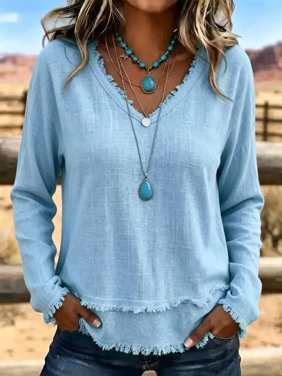 Isabelle Rousseau | Frayed V-Neck Long Sleeve Top For Women