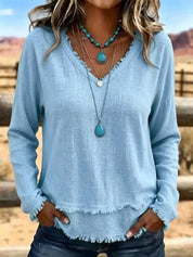 Isabelle Rousseau | Frayed V-Neck Long Sleeve Top For Women