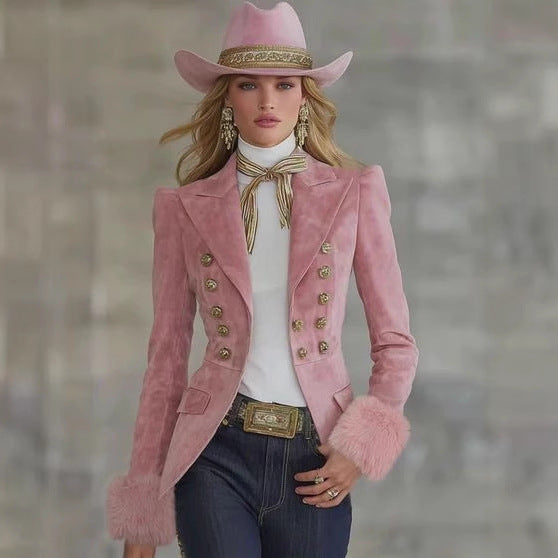 Kitty Drayham | Pink Faux Suede Blazer with Faux Fur Cuffs For Women