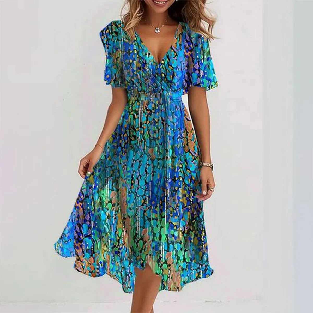 Ellinor Beauvais | Green Floral Chiffon Midi Wrap Dress