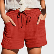 Améline Chartreuse | Cotton Gauze Drawstring Shorts in Khaki