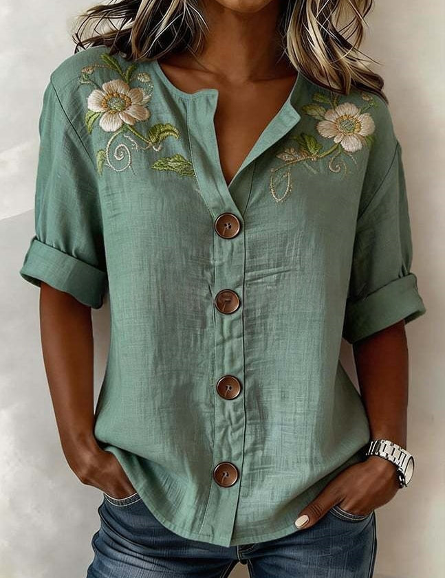 Antonella Marchese | Embroidered Floral Button-Up Blouse For Women