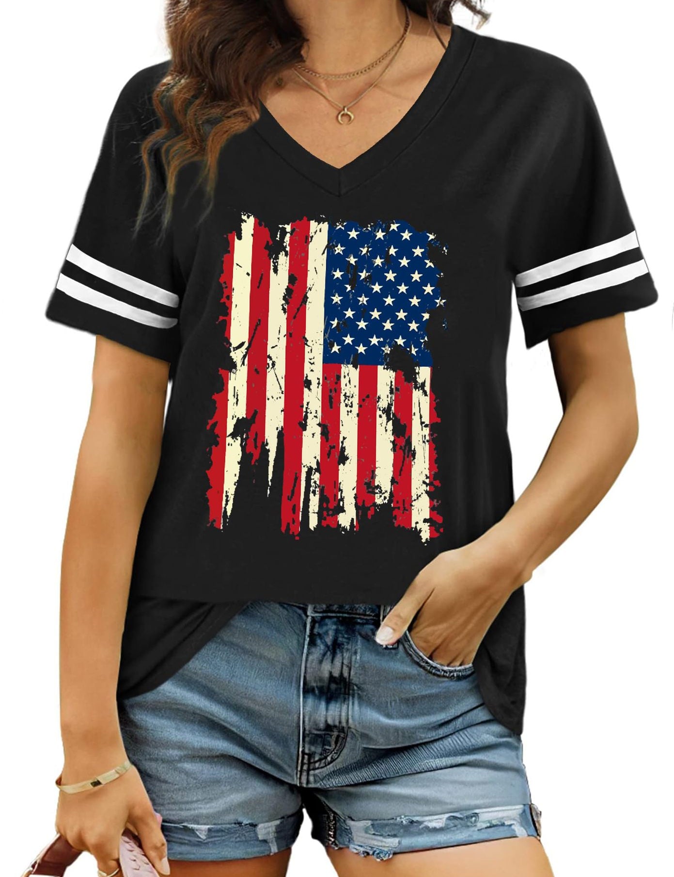 Hazel Drummond | American Flag Heart Print V-Neck T-Shirt For Women