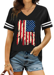 Hazel Drummond | American Flag Heart Print V-Neck T-Shirt For Women