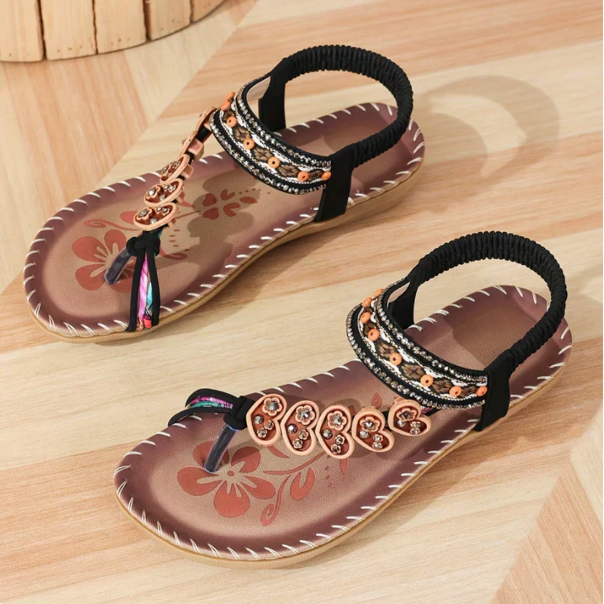 Romaine Delacrosse | Boho Beaded Flat Sandals in Tan