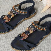 Romaine Delacrosse | Boho Beaded Flat Sandals in Tan