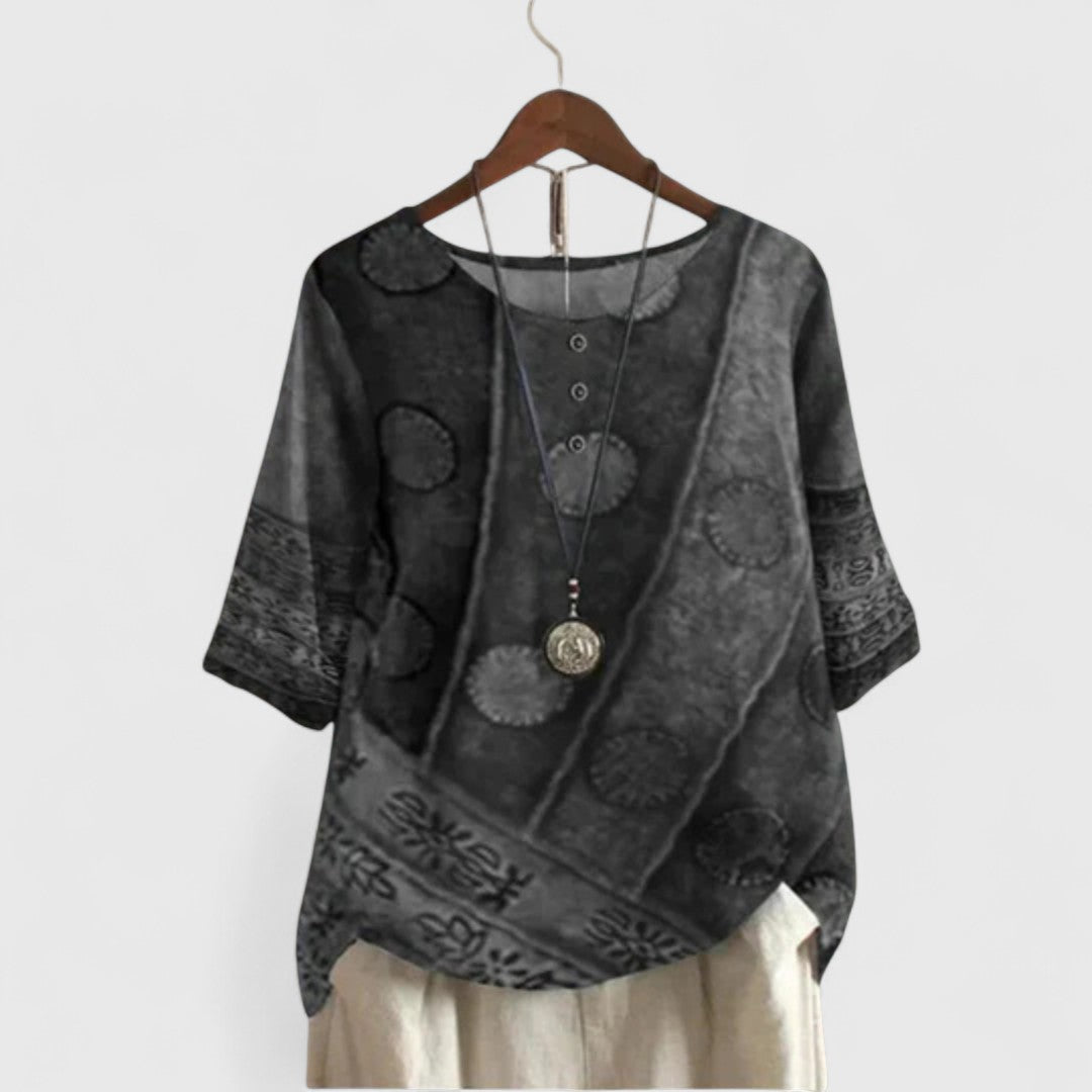 Celestia Vordaine | Bohemian Patchwork Print Short-Sleeve Top