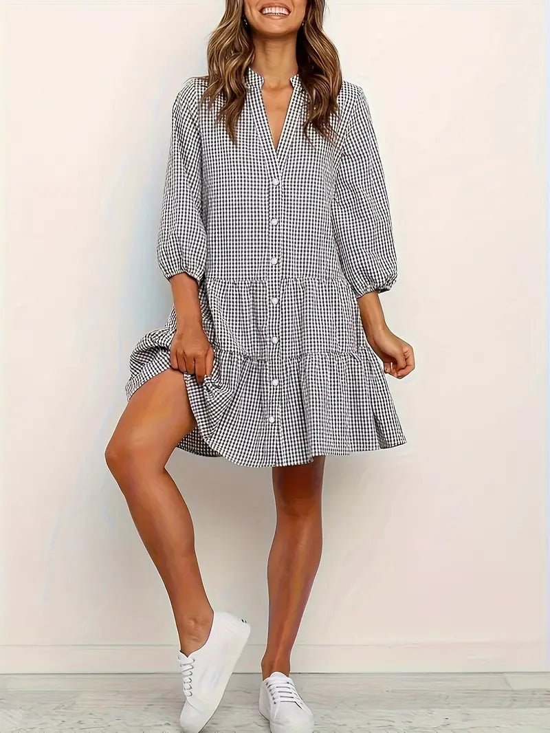 Clotilde Beauverne | Pink Gingham Button-Down Mini Dress with 3/4 Sleeves
