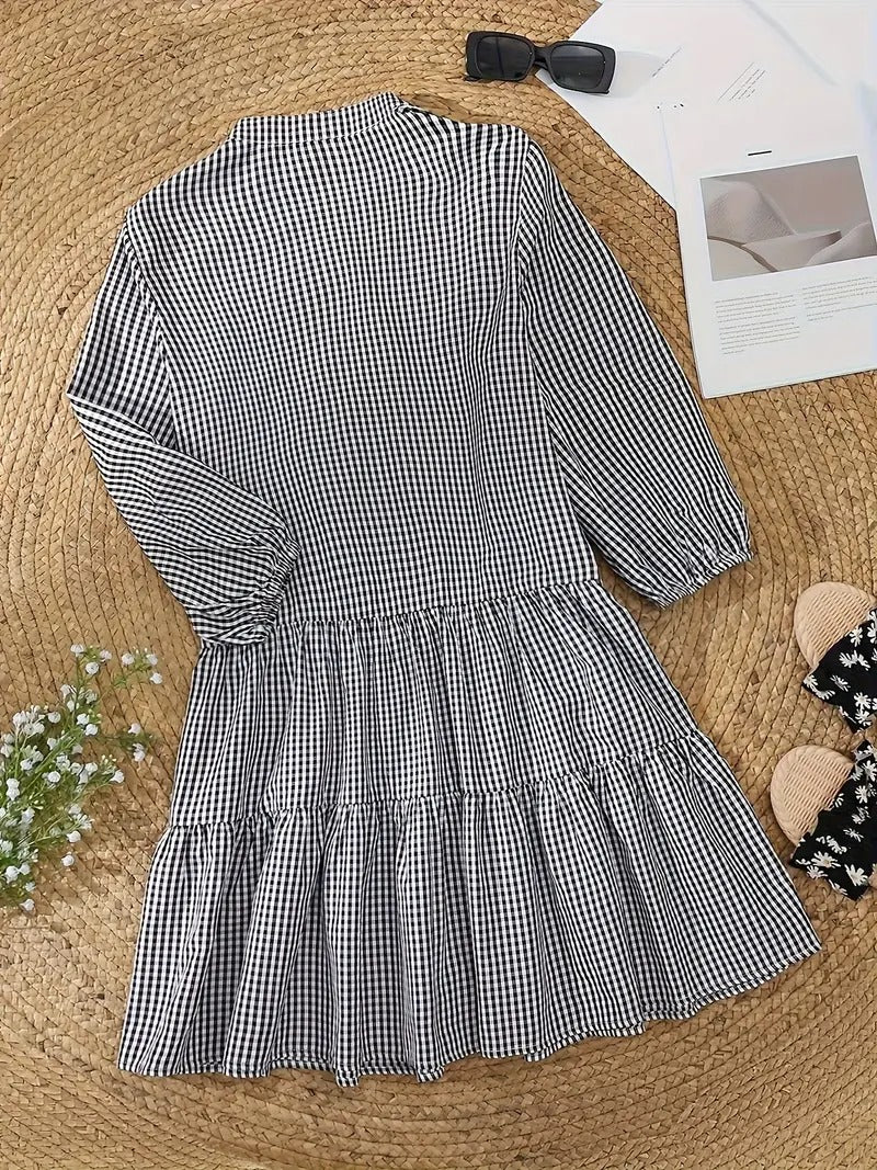 Clotilde Beauverne | Pink Gingham Button-Down Mini Dress with 3/4 Sleeves