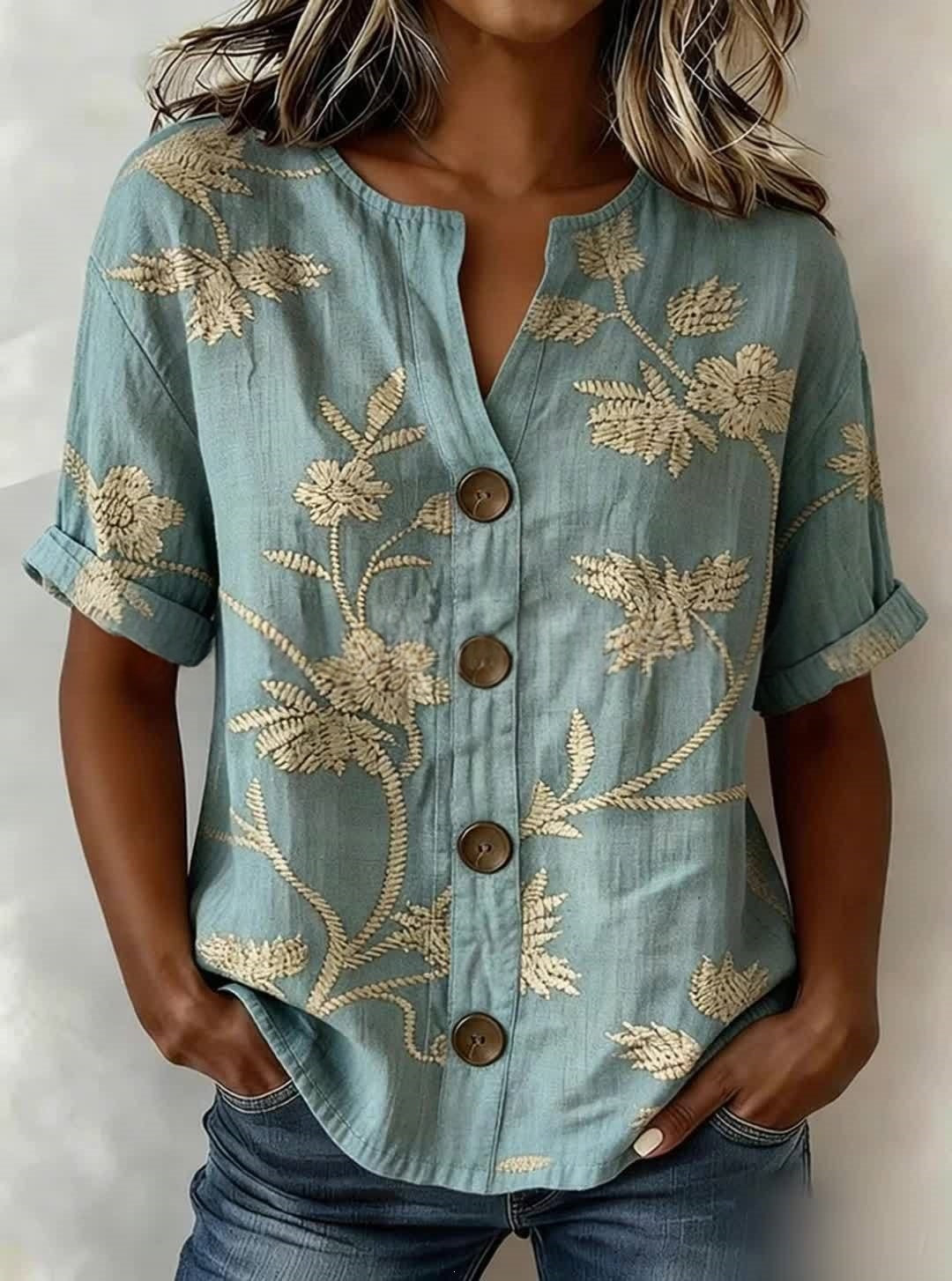 Antonella Marchese | Embroidered Floral Button-Up Blouse For Women