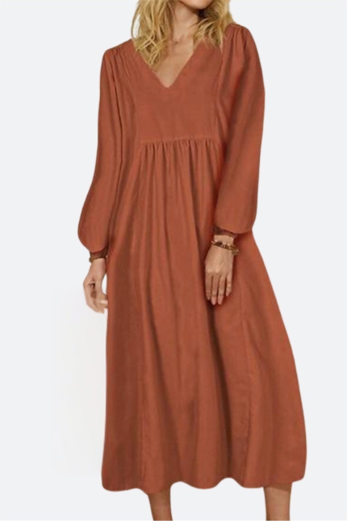 Rosalinde Velthorpe | Terracotta V-Neck Smocked Waist Midi Dress with Balloon Sleeves