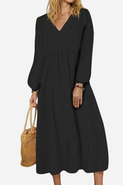 Rosalinde Velthorpe | Terracotta V-Neck Smocked Waist Midi Dress with Balloon Sleeves