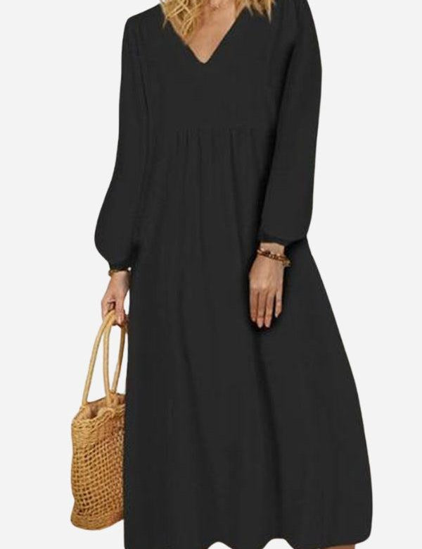 Rosalinde Velthorpe | Terracotta V-Neck Smocked Waist Midi Dress with Balloon Sleeves