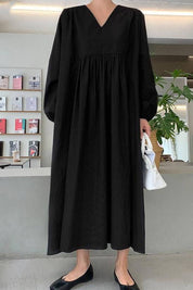 Rosalinde Velthorpe | Terracotta V-Neck Smocked Waist Midi Dress with Balloon Sleeves