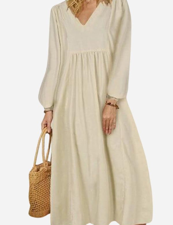 Rosalinde Velthorpe | Terracotta V-Neck Smocked Waist Midi Dress with Balloon Sleeves