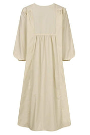 Rosalinde Velthorpe | Terracotta V-Neck Smocked Waist Midi Dress with Balloon Sleeves