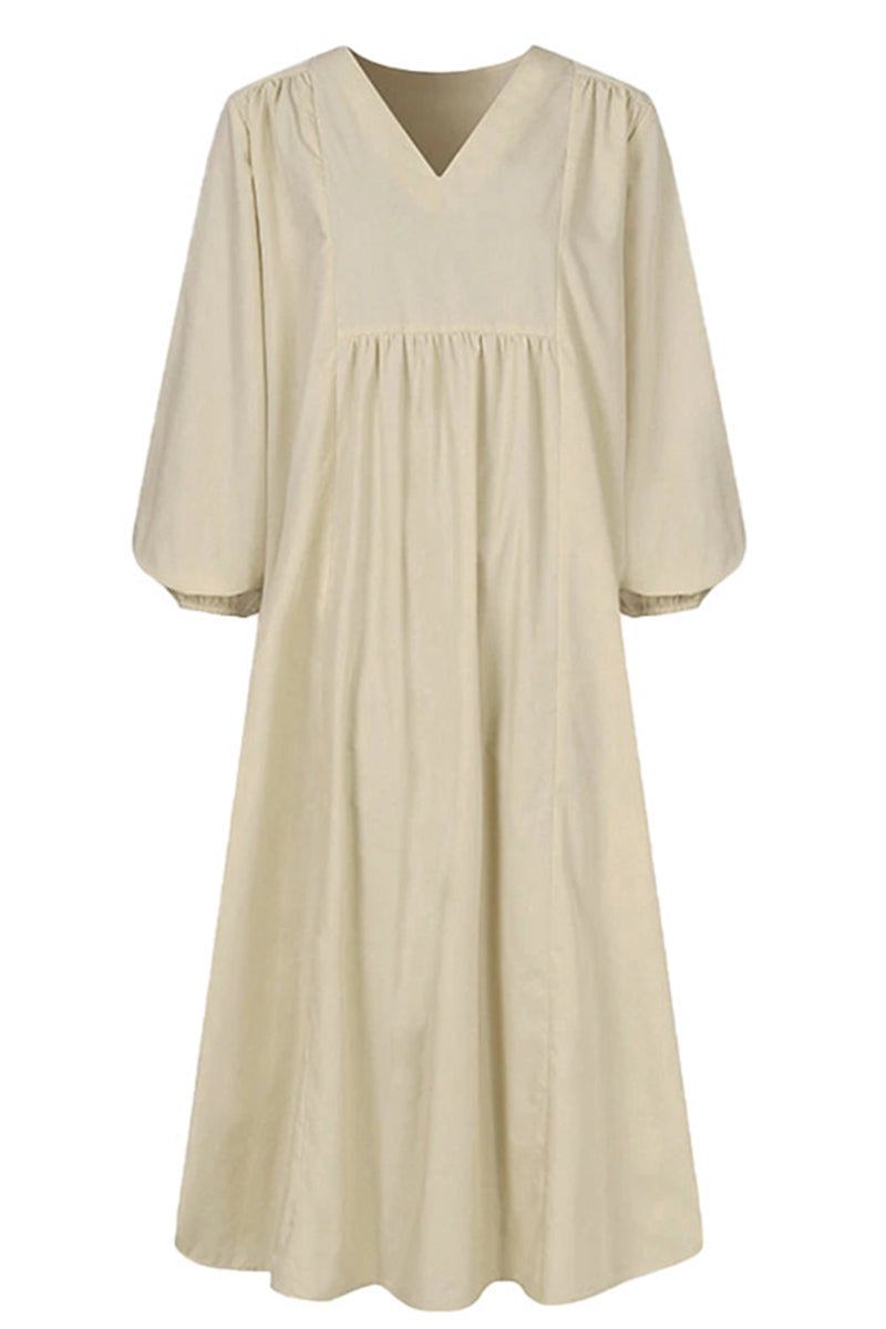 Rosalinde Velthorpe | Terracotta V-Neck Smocked Waist Midi Dress with Balloon Sleeves