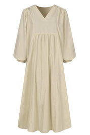 Rosalinde Velthorpe | Terracotta V-Neck Smocked Waist Midi Dress with Balloon Sleeves