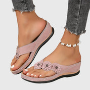 Marietta Dunrosse | Blue Flower Wedge Flip Flop Sandals