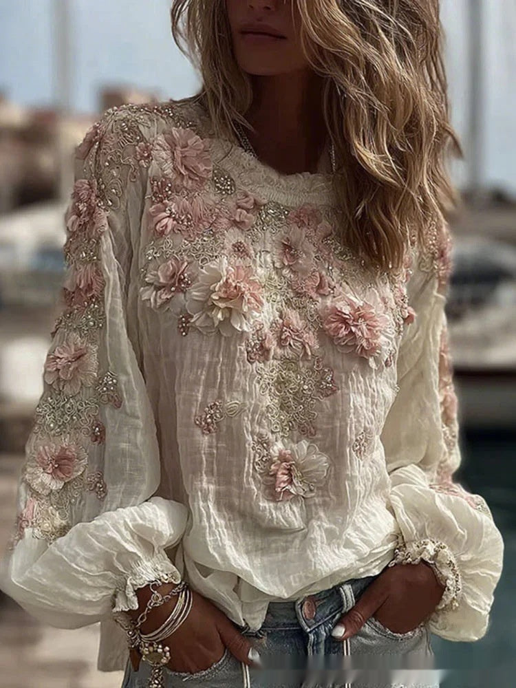 Aurora Delvigne | Rose-Embroidered Bohemian Blouse For Women