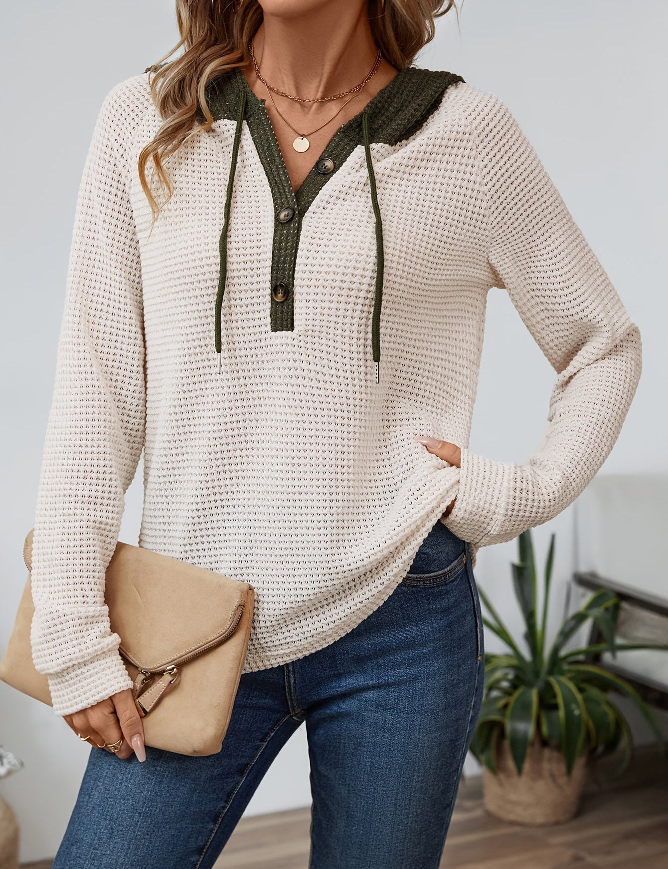 Harlow Bennett | Waffle Knit Hoodie With Contrast Hood For Women