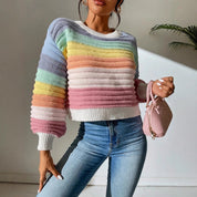 Celine Vosscroft | Rainbow Stripe Lantern Sleeve Crop Sweater For Women