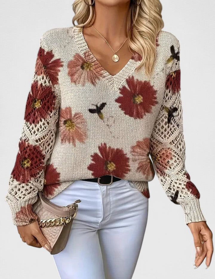 Rosalinde Fonteclair | Floral Knit V-Neck Sweater with Lace Sleeves