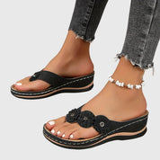 Marietta Dunrosse | Blue Flower Wedge Flip Flop Sandals