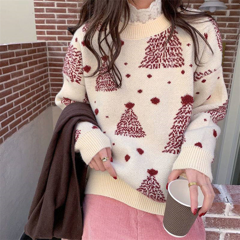 Snowy Eve | Red Tree Jacquard Christmas Sweater For Women