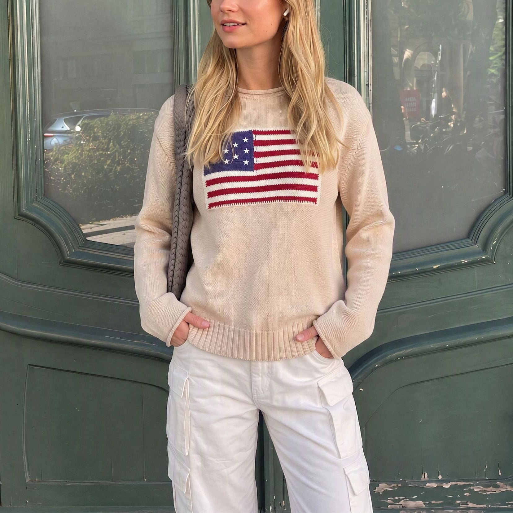 Valentina Fairchild | Cream Knit Veterans Day Sweater With Flag Patch For Women